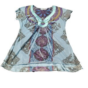 Unity World Wear Womens Blouse Multicolor Size Medium 100% Polyest Short Sleeve